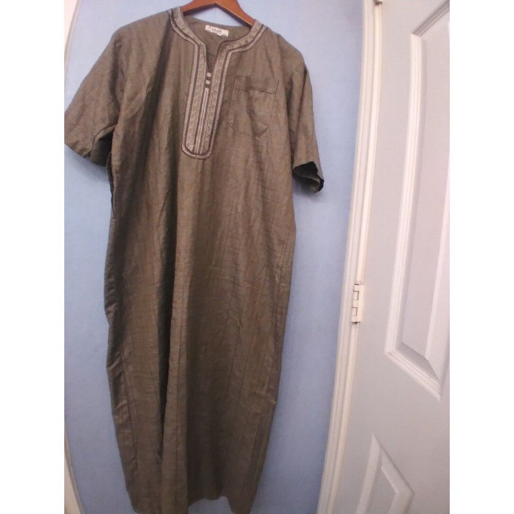 Traditional Olive Green Cotton Thobe Kaftan Mandarin Collar‎ Short Sleeve Robe